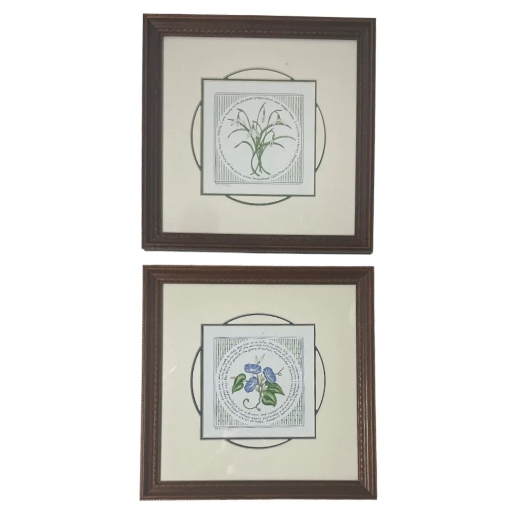 Vintage Signed Art Pictures Susan Loy Literary Snowdrops Hope & Morning Glories